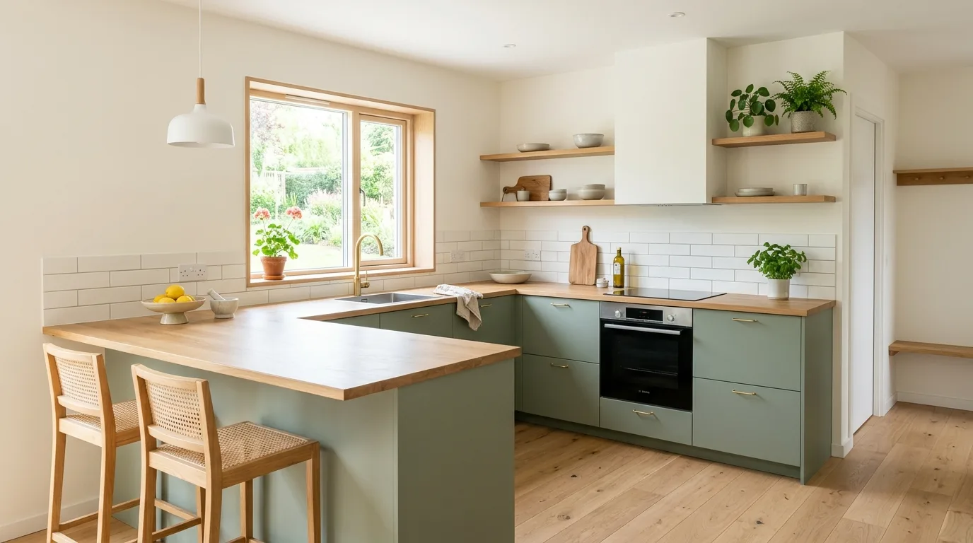 Use lighting to keep the color feeling warm and inviting inspiration for a green kitchen.